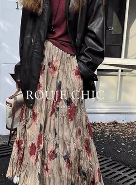 法国rouje chic春季法式覆古扎染碎花半身裙女松紧腰褶皱大摆裙子