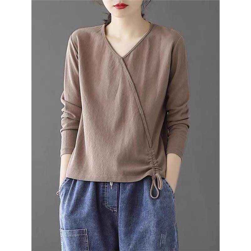 2025春秋新款中年妈妈薄款宽松大码短款下摆抽绳褶皱长袖打底上衣