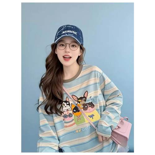 Next Road英国联名条纹长袖t恤女2025春秋新款季美式卡通宽松上衣