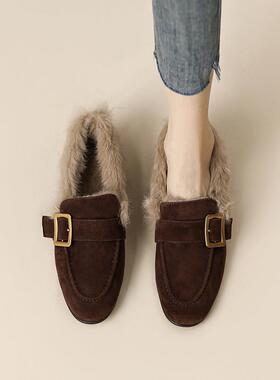 A.D Hepburn~毛毛鞋女冬外穿加绒兔毛单鞋一脚蹬乐福鞋平底豆豆鞋