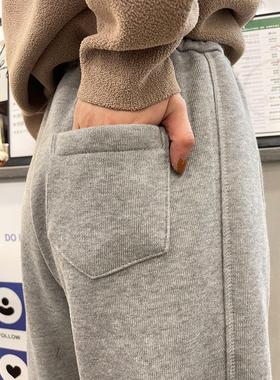 灰色运动裤女式运动裤2025春秋冬新时尚羊毛衬修身Look宽松腿系休
