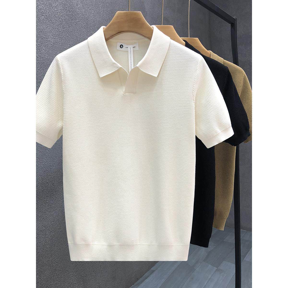 法式『设计师』一眼就爱上！流行奶白色薄款翻领针织短袖Polo衫男