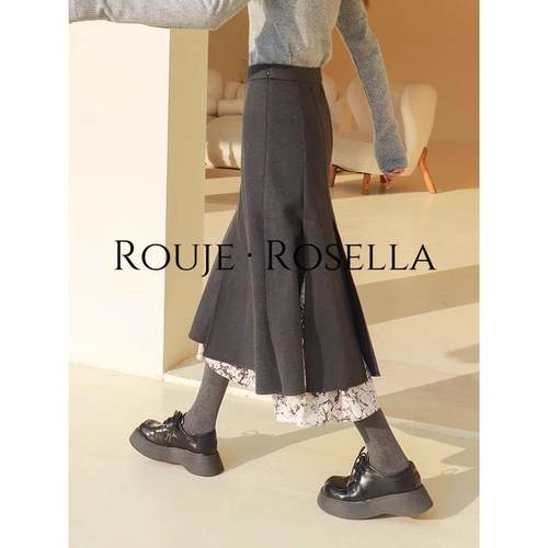 法国Rouje Rosella?法式复古半身裙女春秋新款高腰显瘦a字中长裙