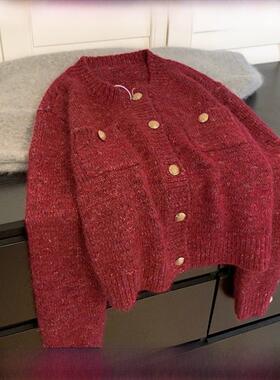 Rouje tusse过年红色短款毛衣外套女秋冬羊毛冬季厚羊绒针织开衫