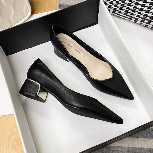 店长自留款！久站不累脚职业工作鞋尖头粗跟黑色软皮中高跟单鞋女