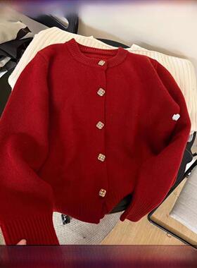 Rouje tusse新年红色羊毛针织开衫女秋冬内搭打羊绒毛衣外套上衣