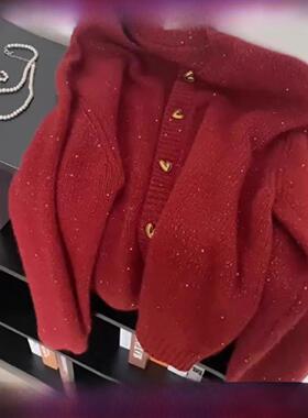 新年红色亮片羊毛针织开衫女士秋冬生肖年秋冬覆古羊绒衫上衣