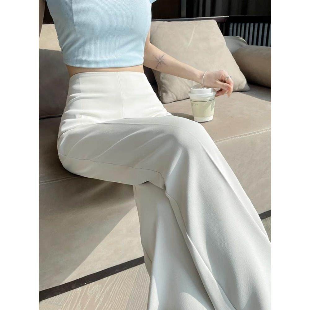 白色微喇西装裤女夏季小个子加长高腰垂感阔腿裤高级感窄版直筒裤