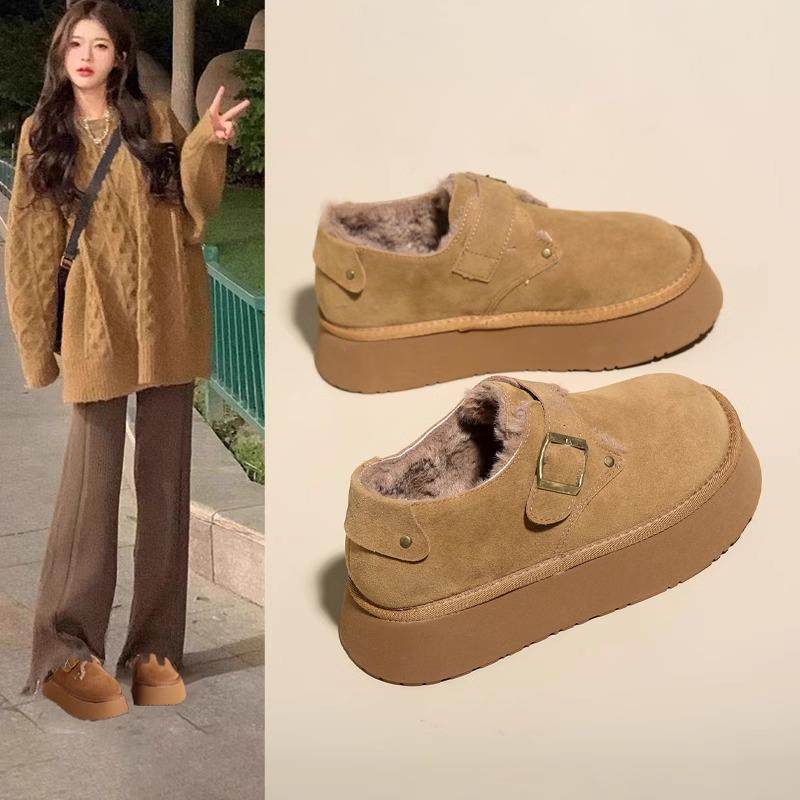 香港真皮厚底勃肯鞋女2025新款秋冬季加绒雪地棉靴一脚蹬豆豆鞋子,女鞋,乐福鞋（豆豆鞋）,淘宝优惠券,粉丝福利购,淘宝优惠卷