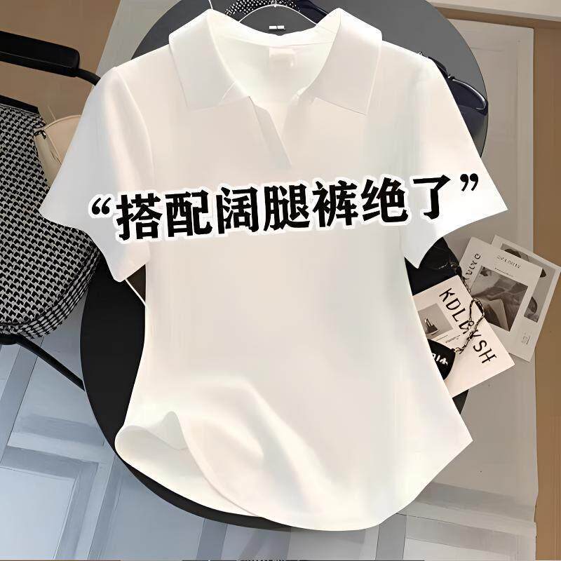 韩国Polo衫白色正肩短袖t恤女短款圆弧2025修身显瘦百搭翻领上衣