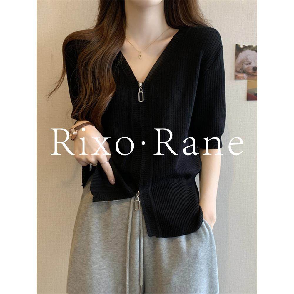 法国Rixo Rane ?黑色V领冰丝短袖针织T恤女显瘦时尚百搭拉链上衣
