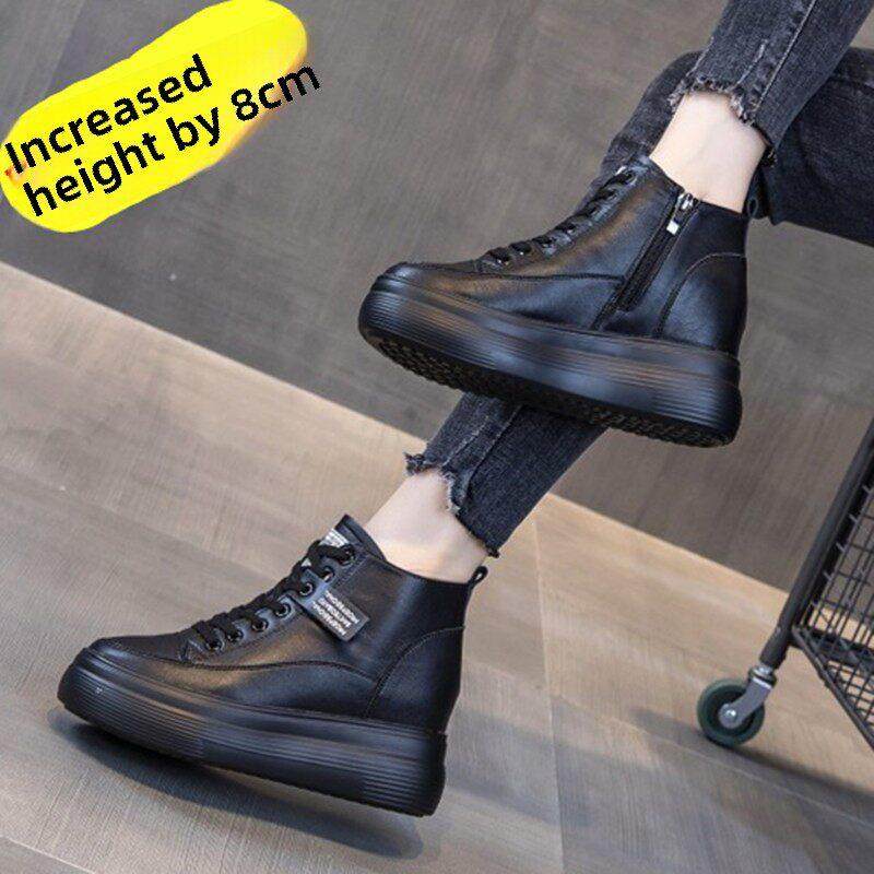 黑色牛皮高帮鞋女2025春秋加绒爆款内增高厚底增高休闲百搭运动鞋,女鞋,高帮鞋,淘宝优惠券,粉丝福利购,淘宝优惠卷