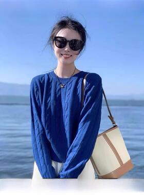 Rouje tusse克莱因蓝色羊绒毛衣女秋冬季慵懒软糯针织衫羊毛上衣