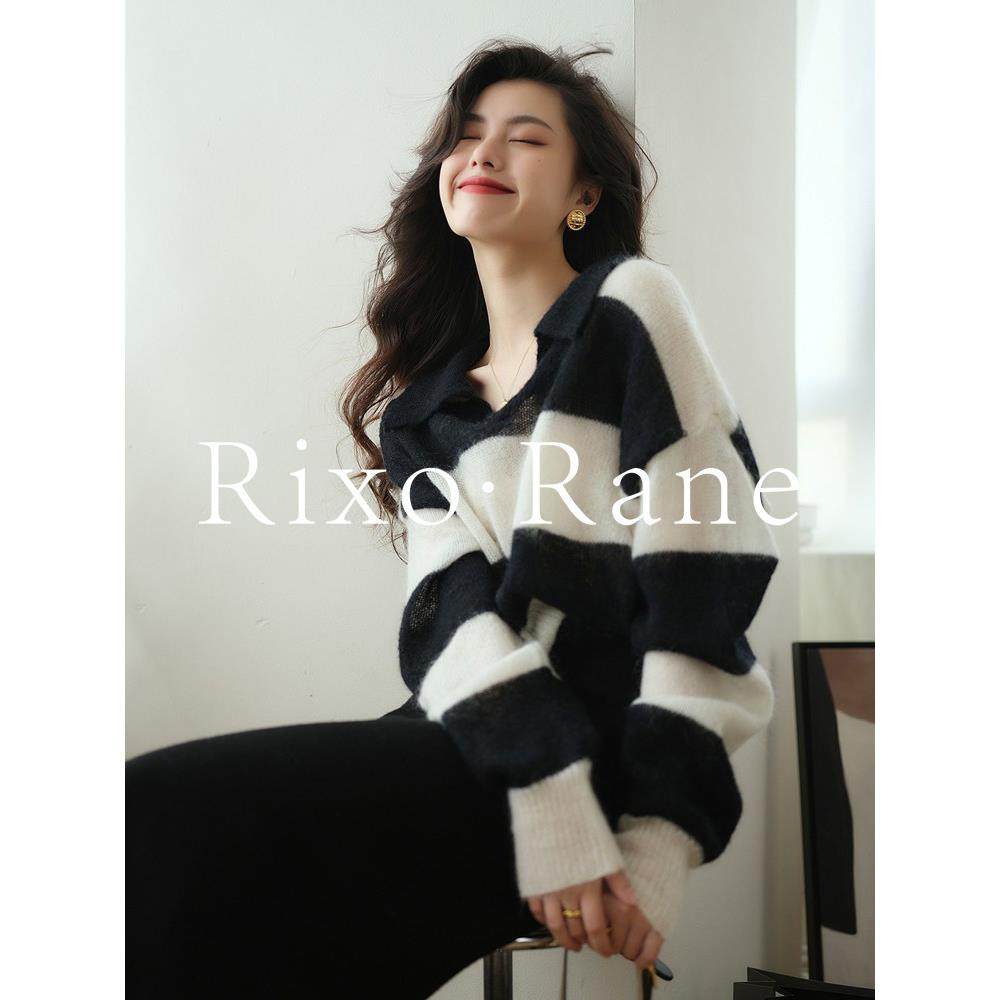 法国Rixo Rane 慵懒风条纹撞色针织衫女软糯马海毛毛衣polo衫上衣,女装/女士精品,大码内搭,淘宝优惠券,粉丝福利购,淘宝优惠卷
