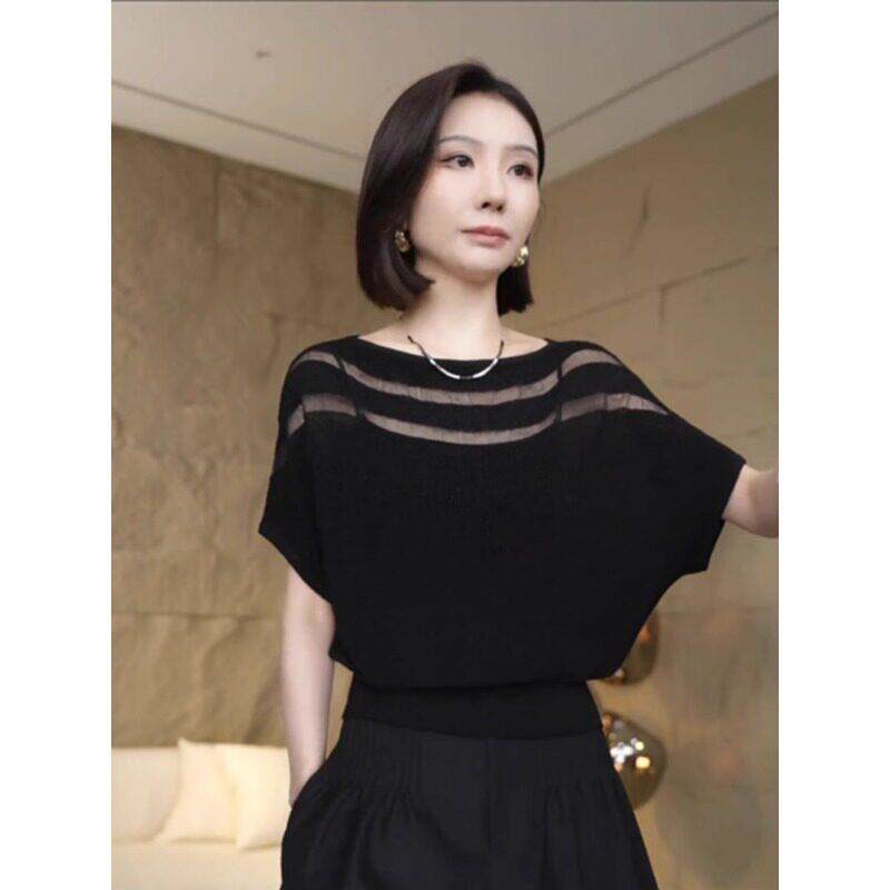 黑色冰丝短袖针织衫女士2025夏季新款高级感时尚细闪镂空薄款上衣