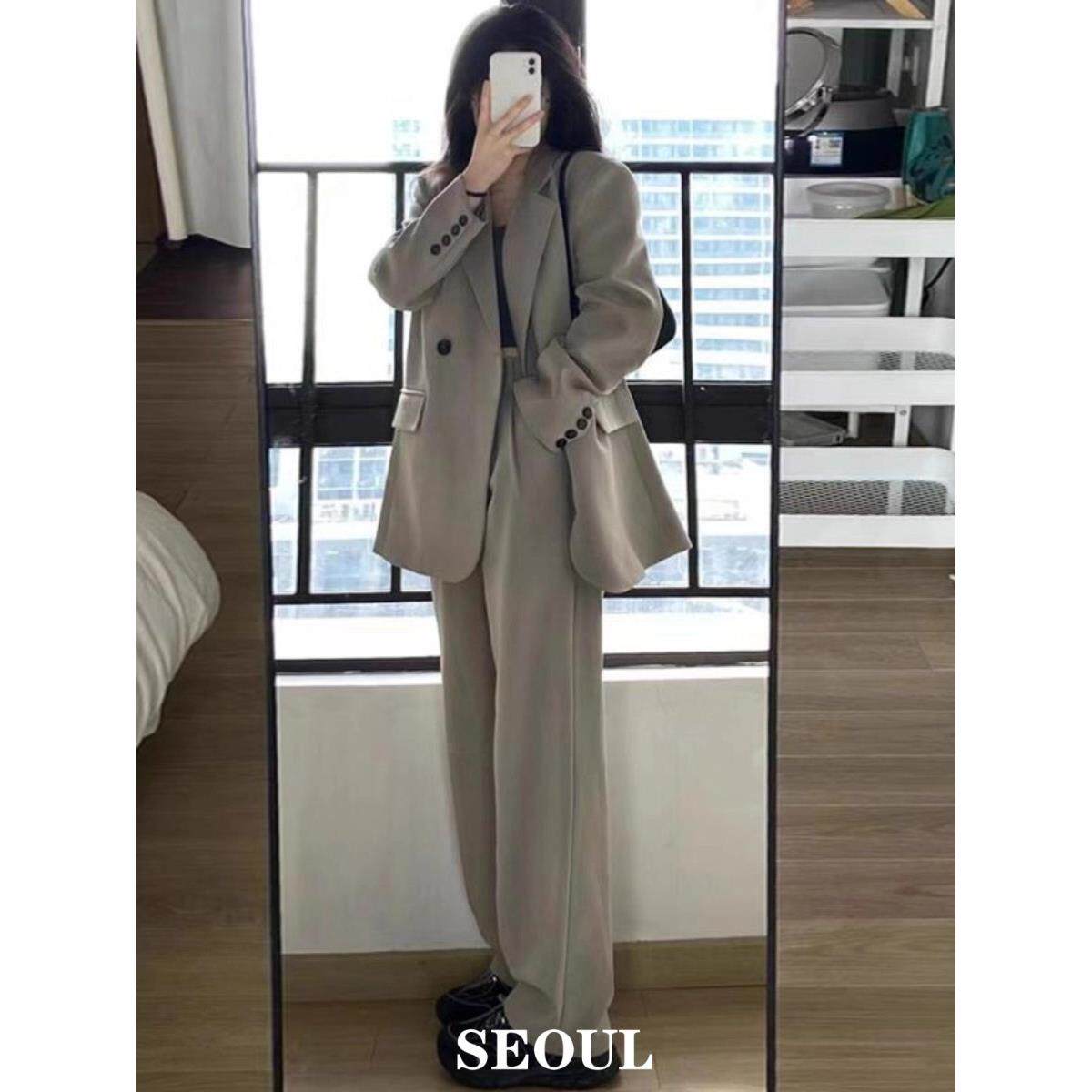 SEOUL喵/灰色西装套装女高级感2025新款休闲西服外套裤子两件套