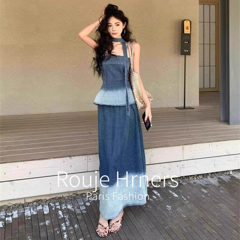 法国rouje hrners法式高级御姐风时尚牛仔套装裙女抹胸半裙两件套