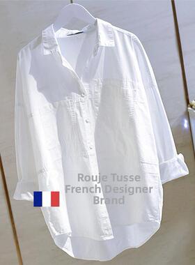 Rouje tusse春秋款衬衫女宽松设计感小众白色外套女休闲覆古衬衣