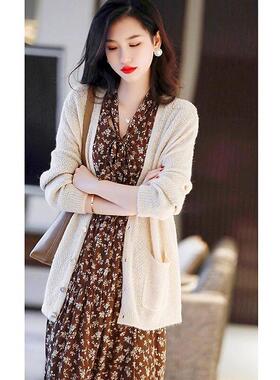 欧洲站春装女款2025年新款法式气质长袖碎花洋装子开衫两件式套装