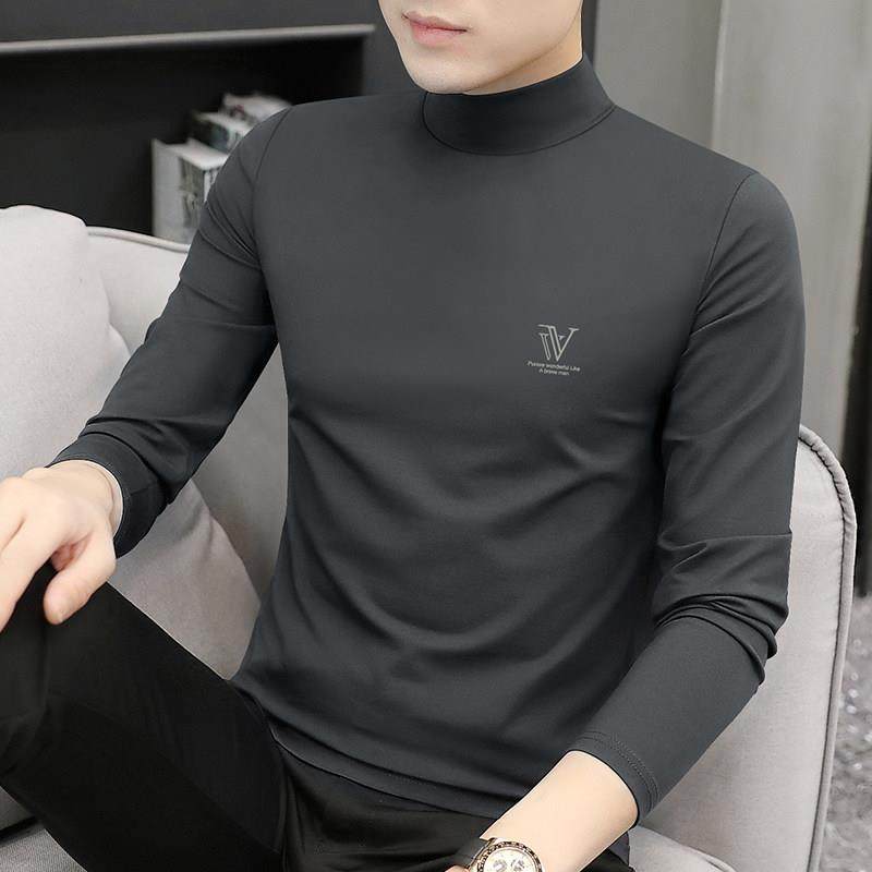 莫代尔半高领打底衫男士t恤长袖秋冬装加绒加厚中领内搭保暖内衣