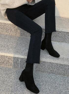 黑色九分牛仔裤女士春秋小个子显高微喇叭修身加绒高腰直筒烟管裤