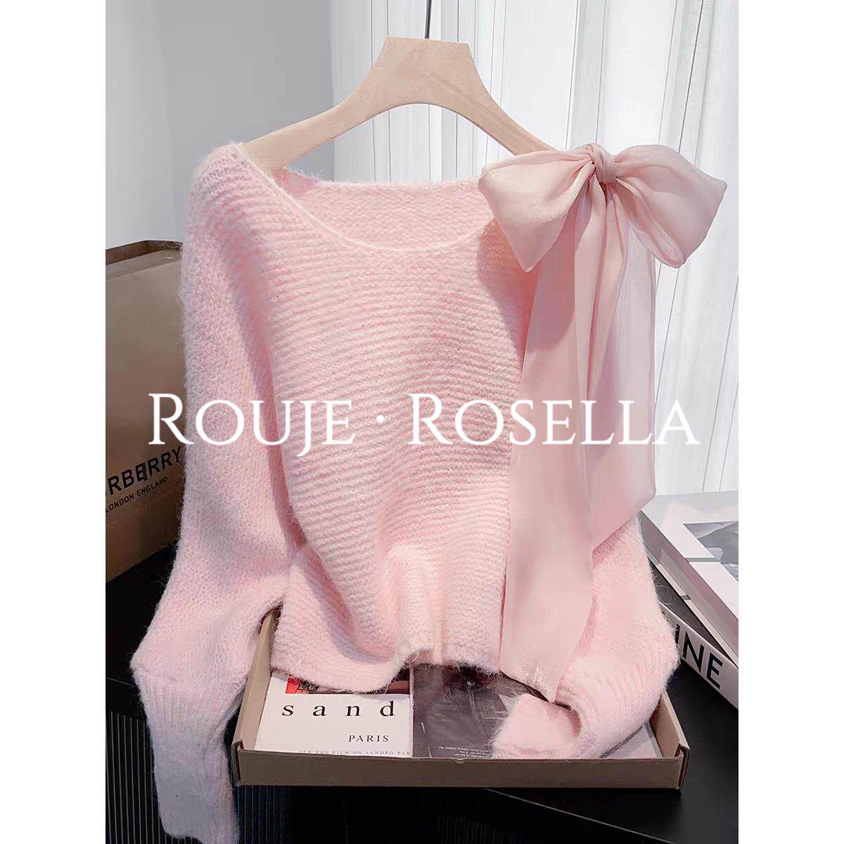 法国Rouje Rosella美到醉心?蝴蝶结系带针织衫女秋冬蝙蝠袖上衣