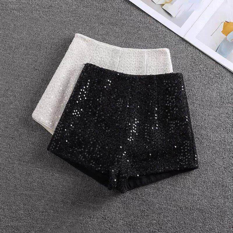 2024春秋新款亮片短裤女高腰显瘦紧身包臀性感A字热裤外穿靴裤