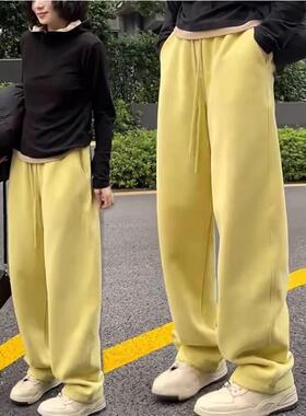 香港黄色直筒运动裤女春秋季2025新款宽松高腰显瘦休闲阔腿裤卫裤