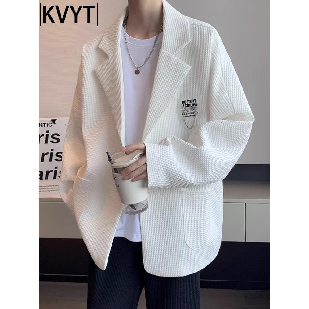 华夫格西服男款2025春秋高级感炸街上衣修身英伦男装休闲小西装潮