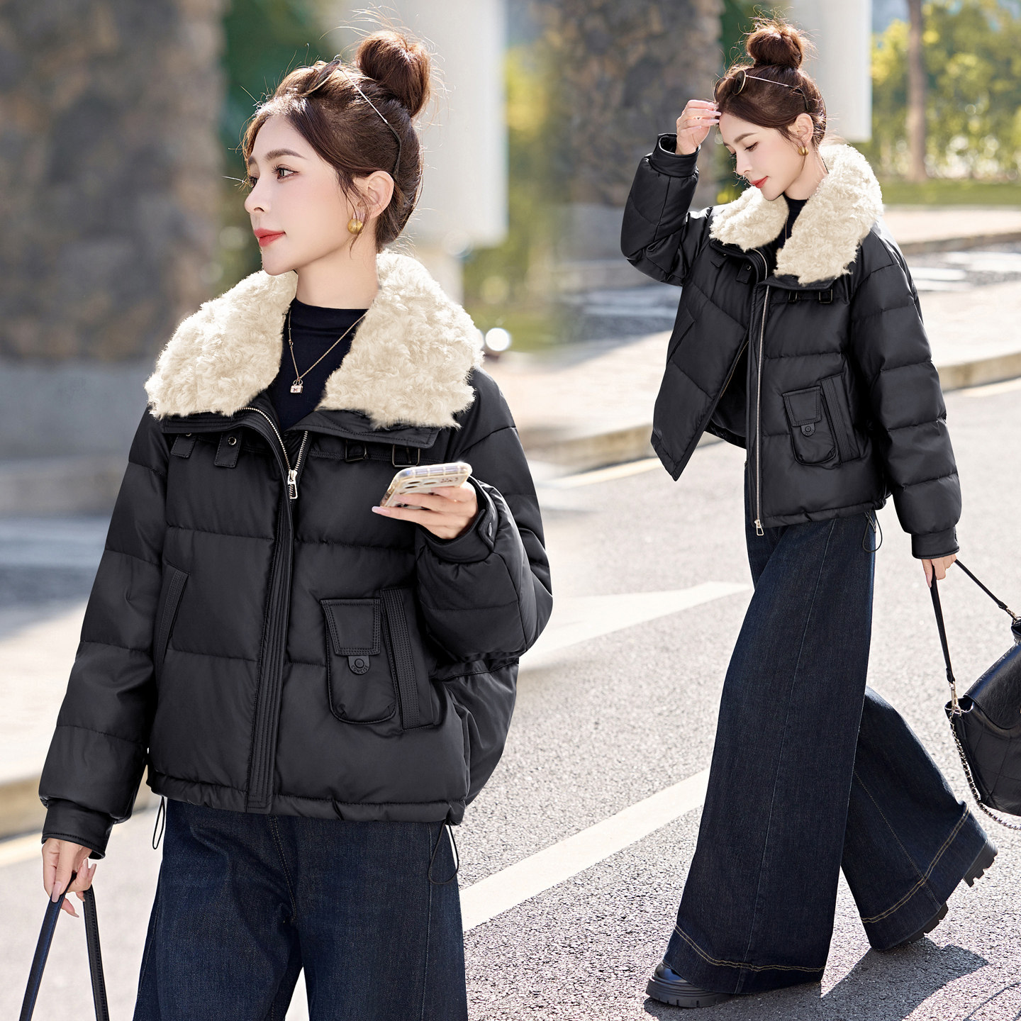 艾莱依羊羔毛翻领短款羽绒服女加厚保暖白鸭绒时尚洋气pu皮外套