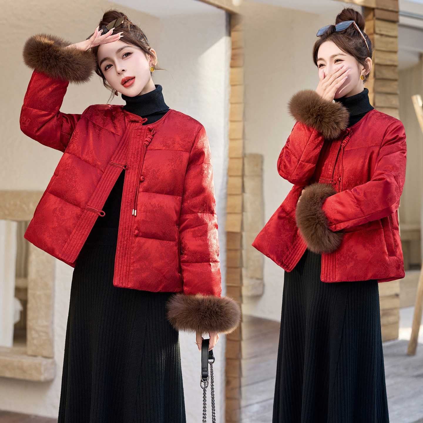 ERAL艾莱依新中式短款羽绒服女红色狐狸毛领保暖高级感外套,女装/女士精品,羽绒服,淘宝优惠券,粉丝福利购,淘宝优惠卷