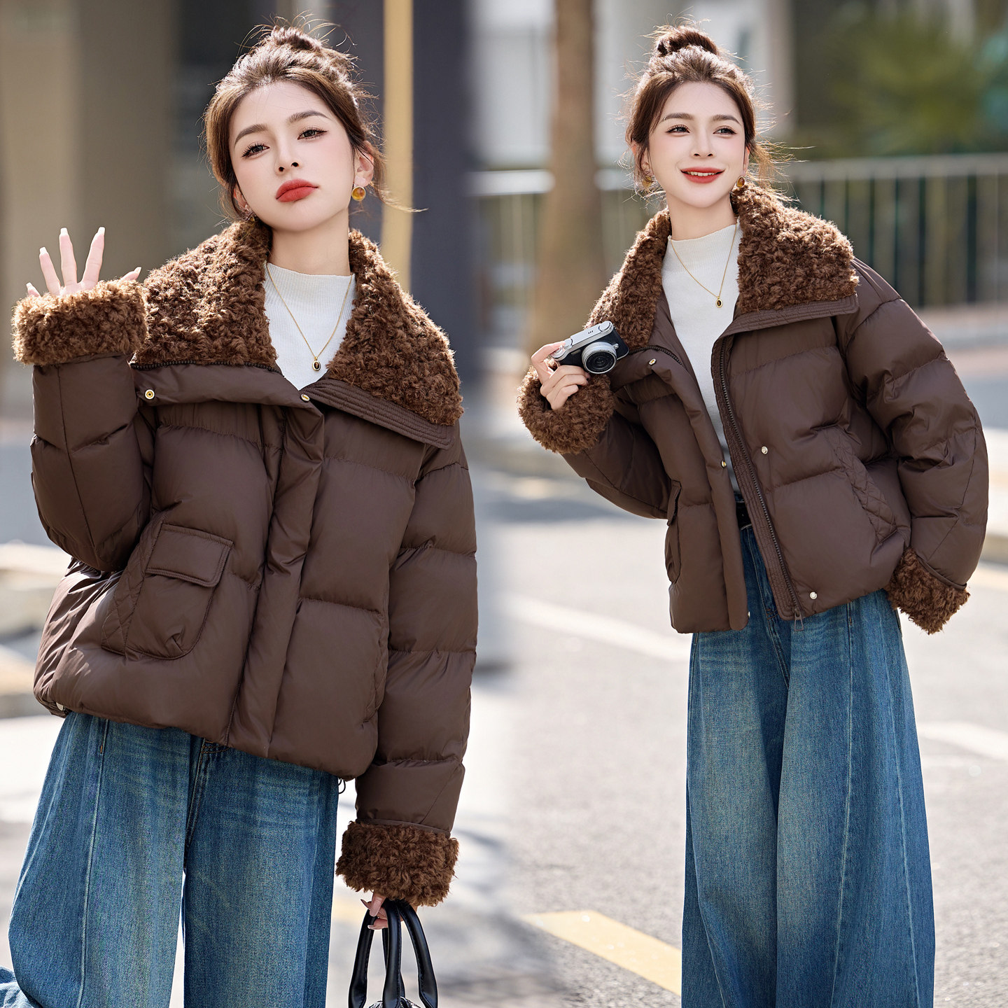 ERAL艾莱依羊羔毛拼接短款羽绒服女白鸭绒2025冬保暖时尚洋气外套