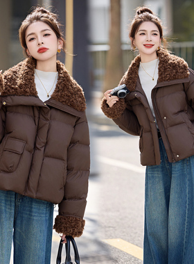 ERAL艾莱依羊羔毛拼接短款羽绒服女白鸭绒2025冬保暖时尚洋气外套