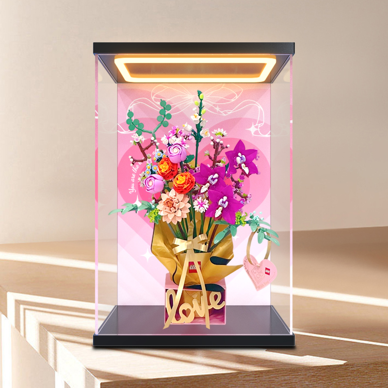 灯光亚克力展示盒适用于乐高10342粉黛花束积木粉金礼盒收纳盒