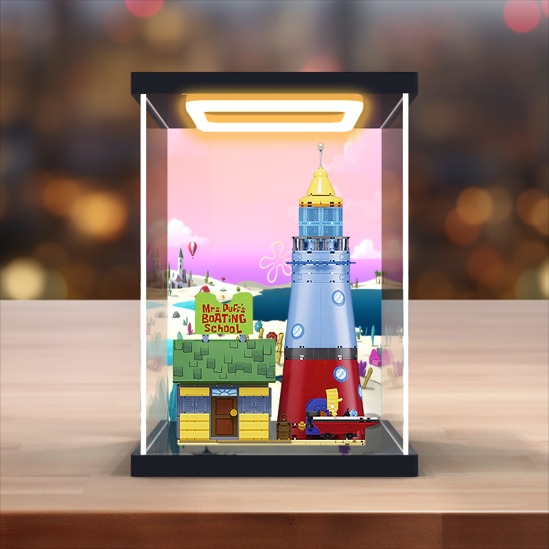 适用AREAX砖区积木海绵宝宝比奇堡驾校模型高清防尘罩回灯展示盒