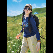 卓尼维斯户外原创国风印花跑步运动打底速干透气登山V领长袖 T恤女