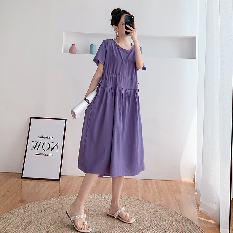 孕妇紫色连衣裙夏季超仙女宽松z短袖韩版网红孕妇装夏天裙子潮辣