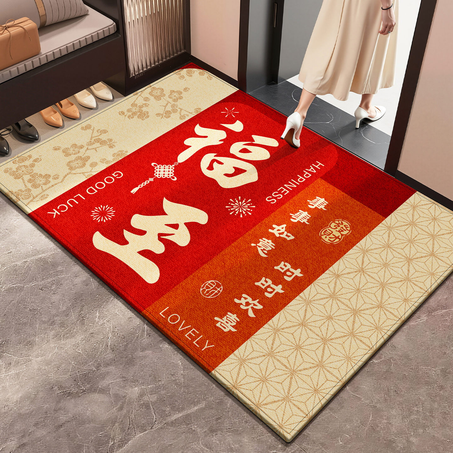 红色喜庆入户门地垫家用2026新款