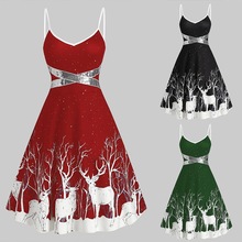 Christmas deer print suspender dress theme dress圣诞节连衣裙