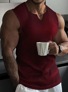 Men sports vest2025夏休闲竖条纹背心男运动健身工字V领无袖T恤