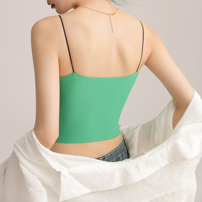 无痕吊带小背心女带胸垫薄款内搭冰丝美背打底内衣可外穿绿色夏季