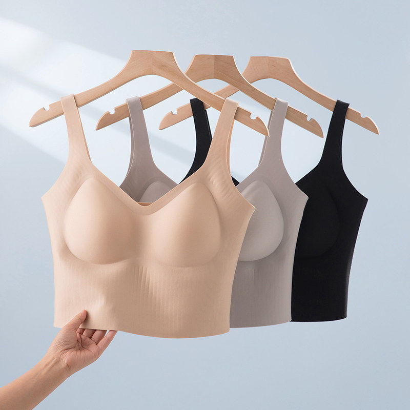 女真丝V领无痕美背吊带抹胸内衣桑蚕丝超薄一片式带胸垫打底背心