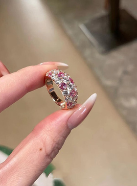 「春暖花开」瑞丽玫红色锆石满天星戒指手工微镶轻奢指环简约高级