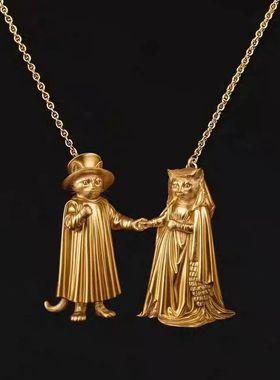 【婚典】复古礼服猫咪吊坠项链18k金色古典小众个性艺术感锁骨链