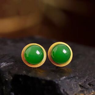 和田碧玉耳钉黄金色镶玉镶嵌戒指耳环女款和田玉耳钉耳饰妈妈