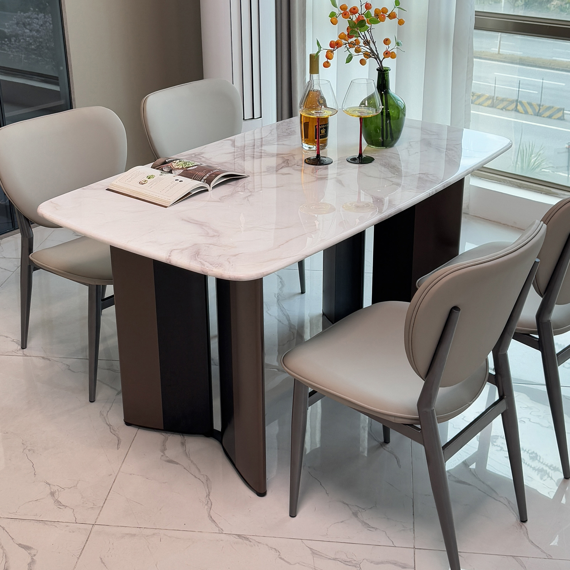 白色意式简约轻奢奶油风大理石餐桌奢石纹理金刚大理石餐桌组合