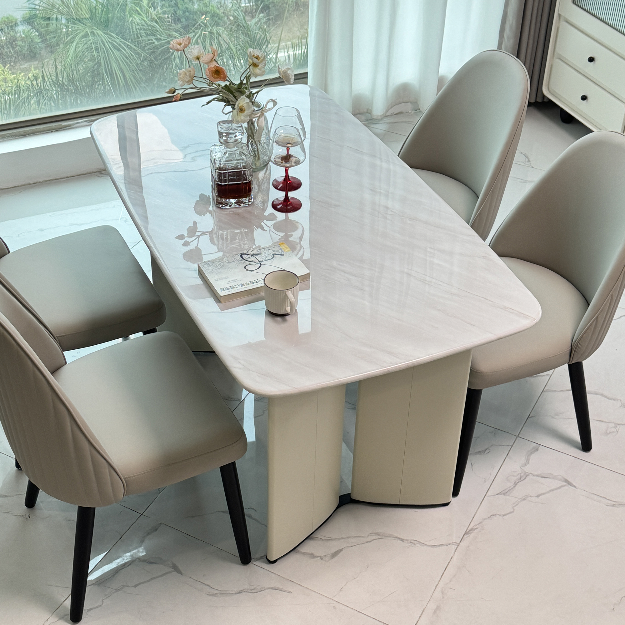 高级感奶油风现代简约轻奢大理石餐桌奢石纹理金刚大理石餐桌组合