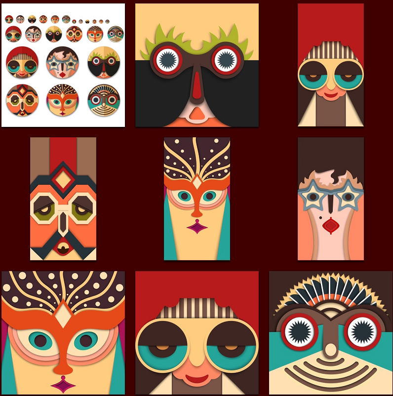 新★可爱抽象复古创意面具脸谱背景图案变脸装饰 eps矢量设计素材