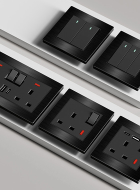 港澳版英式13A插座带USB快充 英标方脚国际开关面板金属拉丝黑色