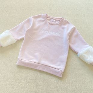 前后刺绣~120-150码 外贸儿童女童拼接毛袖圆领长袖拉绒加绒卫衣